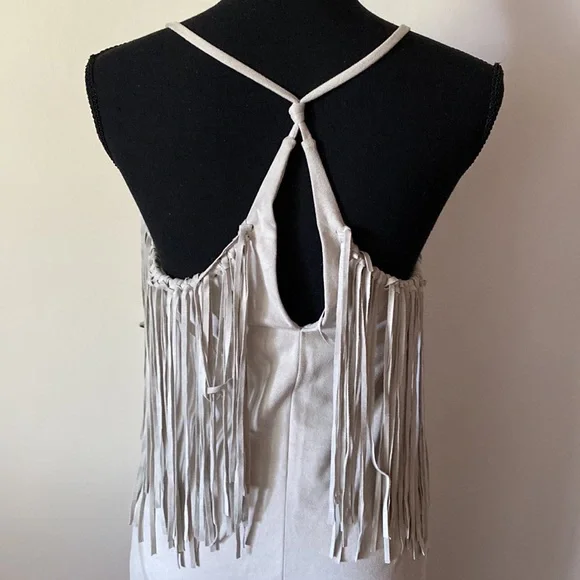 Zara Trafaluc Party Top Suede Off White Fringe Haltered Medium Pre Owned EC - Picture 6 of 13